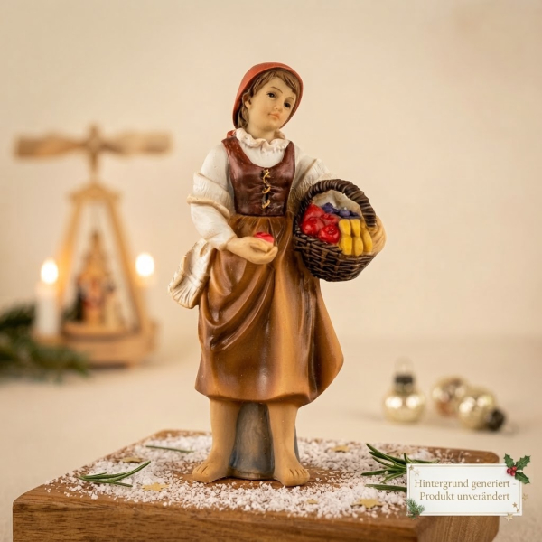 Handbemalte Krippenfigur Magd mit Obstkorb, ca. 11 cm, K 942-11